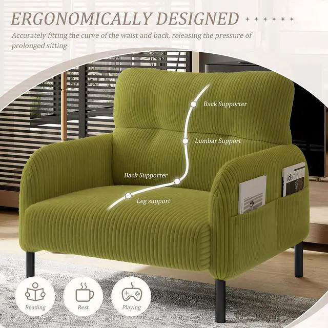 Alt view image 5 of 7 - Comfy Single Sofa Chair with Wide Seat, Corduroy Upholstered Modern Accent Armchair with Side Pockets and Reinforced Legs, Living Room Readubg Chair for Bedroom, Waiting Room, Balcony, Olive Green