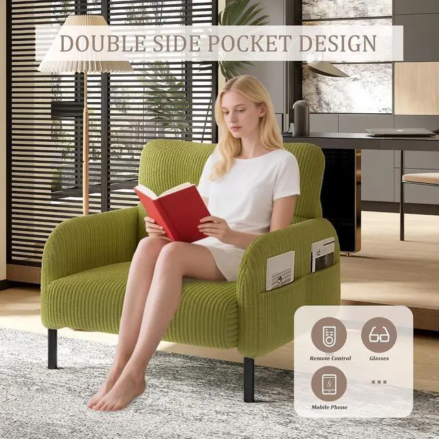 Alt view image 6 of 7 - Comfy Single Sofa Chair with Wide Seat, Corduroy Upholstered Modern Accent Armchair with Side Pockets and Reinforced Legs, Living Room Readubg Chair for Bedroom, Waiting Room, Balcony, Olive Green