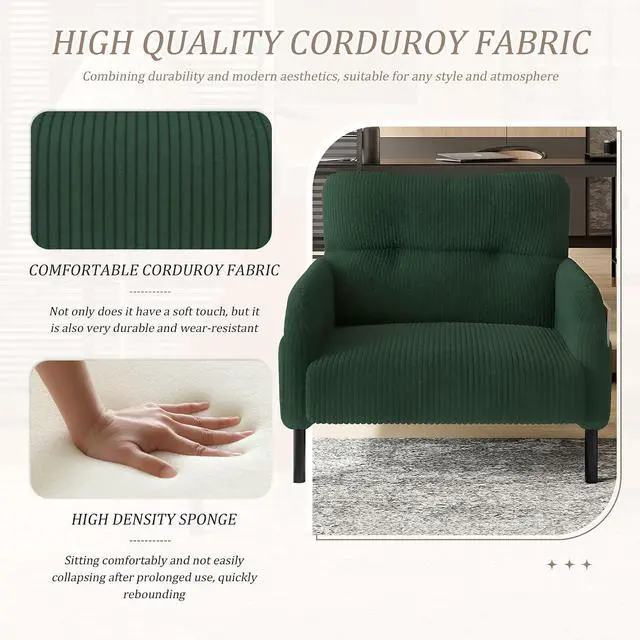 Alt view image 3 of 7 - Comfy Single Sofa Chair with Wide Seat, Corduroy Upholstered Modern Accent Armchair with Side Pockets and Reinforced Legs, Living Room Readubg Chair for Bedroom, Waiting Room, Balcony, Emerald