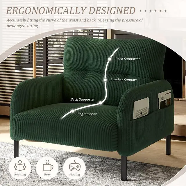 Alt view image 5 of 7 - Comfy Single Sofa Chair with Wide Seat, Corduroy Upholstered Modern Accent Armchair with Side Pockets and Reinforced Legs, Living Room Readubg Chair for Bedroom, Waiting Room, Balcony, Emerald