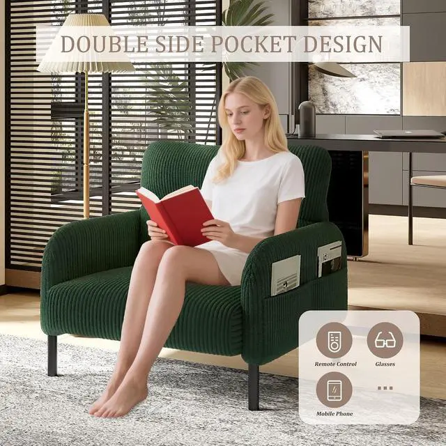 Alt view image 6 of 7 - Comfy Single Sofa Chair with Wide Seat, Corduroy Upholstered Modern Accent Armchair with Side Pockets and Reinforced Legs, Living Room Readubg Chair for Bedroom, Waiting Room, Balcony, Emerald