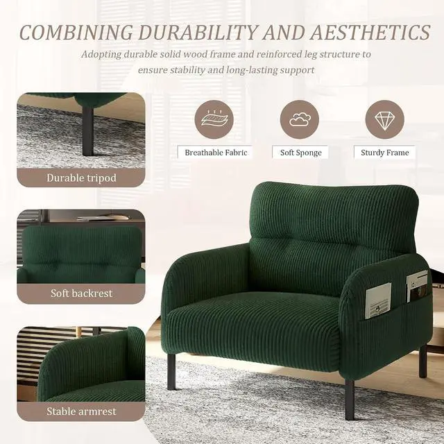 Alt view image 4 of 7 - Comfy Single Sofa Chair with Wide Seat, Corduroy Upholstered Modern Accent Armchair with Side Pockets and Reinforced Legs, Living Room Readubg Chair for Bedroom, Waiting Room, Balcony, Emerald
