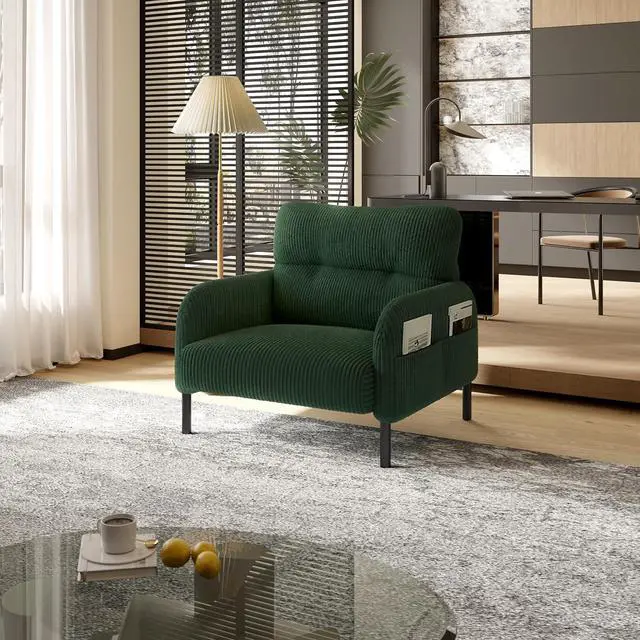 Main image of Comfy Single Sofa Chair with Wide Seat, Corduroy Upholstered Modern Accent Armchair with Side Pockets and Reinforced Legs, Living Room Readubg Chair for Bedroom, Waiting Room, Balcony, Emerald