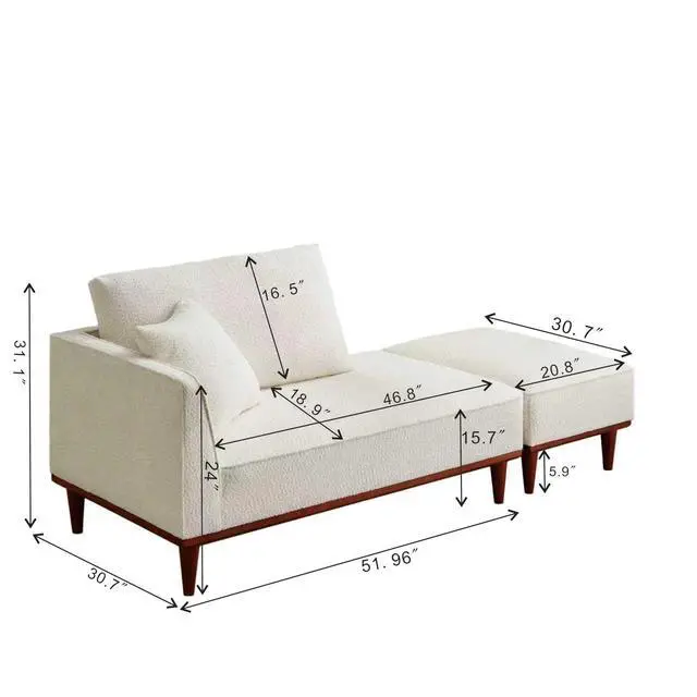 Alt view image 2 of 7 - Upholstered Chaise Lounge with Stool, Sleeper Chair with Left Hand Armrest and Pillow for Living Room Bedroom, Leisure Couch Accent Reading Chair with Ottoman for Living Room, Bedroom, White