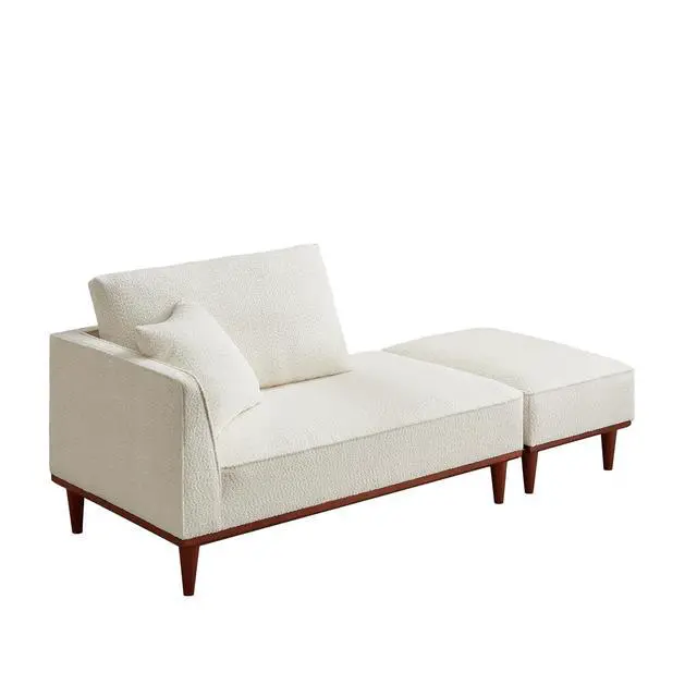 Alt view image 3 of 7 - Upholstered Chaise Lounge with Stool, Sleeper Chair with Left Hand Armrest and Pillow for Living Room Bedroom, Leisure Couch Accent Reading Chair with Ottoman for Living Room, Bedroom, White