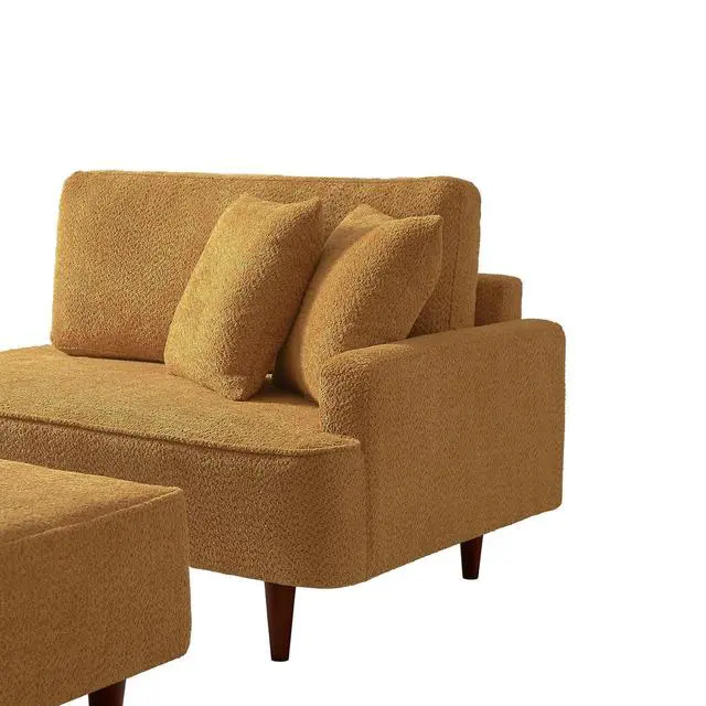 Alt view image 5 of 6 - Boucle Upholstered Chaise Lounge with Stool, Soft Sleeper Chair with Right Hand Armrest and 2 Throw Pillows, Leisure Couch, Accent Reading Chair with for Living Room, Bedroom, Orange