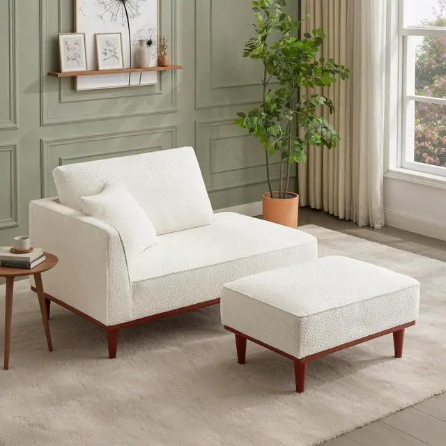 Main image of Upholstered Chaise Lounge with Stool, Sleeper Chair with Left Hand Armrest and Pillow for Living Room Bedroom, Leisure Couch Accent Reading Chair with Ottoman for Living Room, Bedroom, White