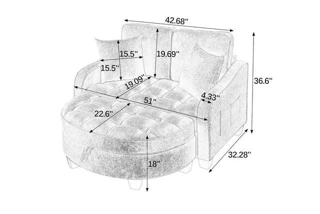 Alt view image 2 of 7 - 51" Loveseat Sofa Bed, 3 IN 1 Convertible Sofa with Storage Footrest, 2 Seater Futon Couch with Adjustable Backrests, Side Pockets, Chaise Longue with Throw Pillows for Living Room and Bedroom, Black