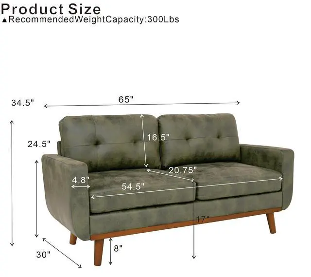 Alt view image 2 of 7 - 65" Loveseat Sofa with Solid Wood Legs, Minimalist 2 Seater Sofa, Breathable Foil Fabric Upholstered Small Couch for Living Room, Apartment, Studio, Office, Olive Green