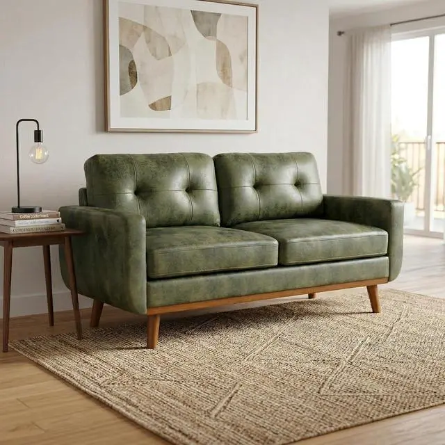 Main image of 65" Loveseat Sofa with Solid Wood Legs, Minimalist 2 Seater Sofa, Breathable Foil Fabric Upholstered Small Couch for Living Room, Apartment, Studio, Office, Olive Green