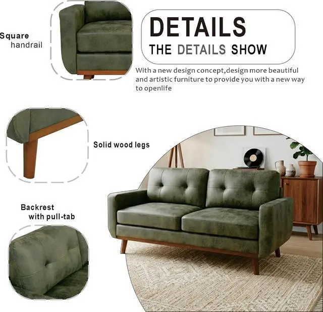 Alt view image 3 of 7 - 65" Loveseat Sofa with Solid Wood Legs, Minimalist 2 Seater Sofa, Breathable Foil Fabric Upholstered Small Couch for Living Room, Apartment, Studio, Office, Olive Green