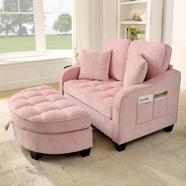 Alt view image 4 of 7 - 51" Loveseat Sofa Bed, 3 IN 1 Convertible Sofa with Storage Footrest, 2 Seater Futon Couch with Adjustable Backrests, Side Pockets, Chaise Longue with Throw Pillows for Living Room and Bedroom, Pink