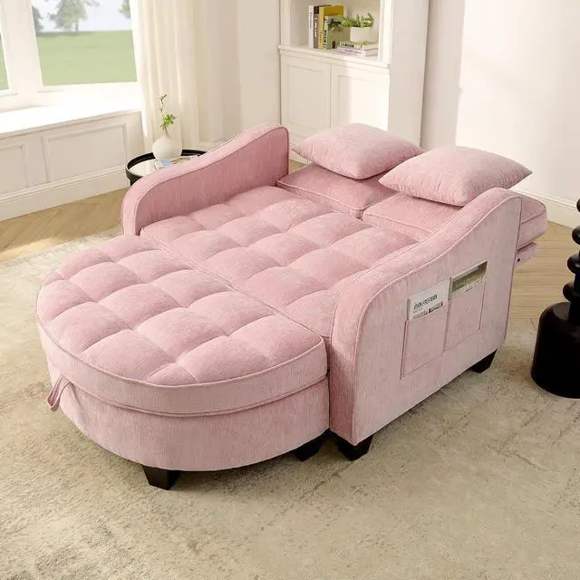 Alt view image 3 of 7 - 51" Loveseat Sofa Bed, 3 IN 1 Convertible Sofa with Storage Footrest, 2 Seater Futon Couch with Adjustable Backrests, Side Pockets, Chaise Longue with Throw Pillows for Living Room and Bedroom, Pink