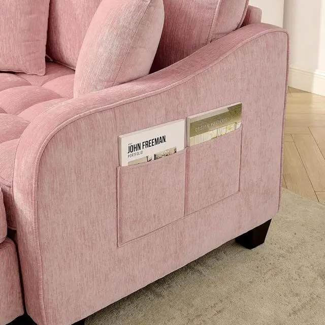 Alt view image 6 of 7 - 51" Loveseat Sofa Bed, 3 IN 1 Convertible Sofa with Storage Footrest, 2 Seater Futon Couch with Adjustable Backrests, Side Pockets, Chaise Longue with Throw Pillows for Living Room and Bedroom, Pink