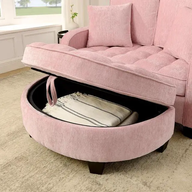 Alt view image 7 of 7 - 51" Loveseat Sofa Bed, 3 IN 1 Convertible Sofa with Storage Footrest, 2 Seater Futon Couch with Adjustable Backrests, Side Pockets, Chaise Longue with Throw Pillows for Living Room and Bedroom, Pink