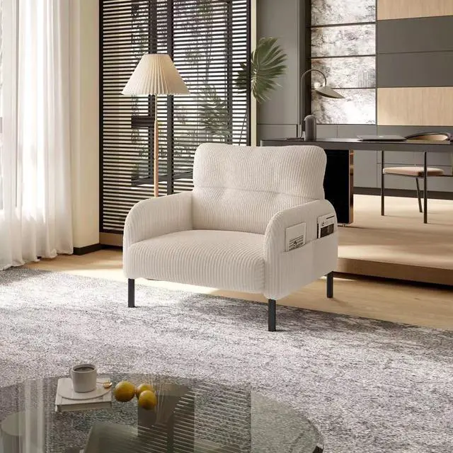Main image of Comfy Single Sofa Chair with Wide Seat, Corduroy Upholstered Modern Accent Armchair with Side Pockets and Reinforced Legs, Living Room Readubg Chair for Bedroom, Waiting Room, Balcony, Beige