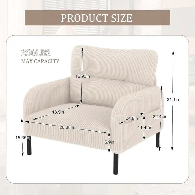 Alt view image 2 of 7 - Comfy Single Sofa Chair with Wide Seat, Corduroy Upholstered Modern Accent Armchair with Side Pockets and Reinforced Legs, Living Room Readubg Chair for Bedroom, Waiting Room, Balcony, Beige