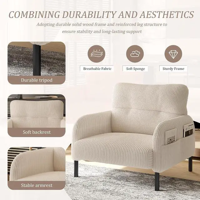 Alt view image 4 of 7 - Comfy Single Sofa Chair with Wide Seat, Corduroy Upholstered Modern Accent Armchair with Side Pockets and Reinforced Legs, Living Room Readubg Chair for Bedroom, Waiting Room, Balcony, Beige