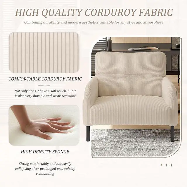 Alt view image 3 of 7 - Comfy Single Sofa Chair with Wide Seat, Corduroy Upholstered Modern Accent Armchair with Side Pockets and Reinforced Legs, Living Room Readubg Chair for Bedroom, Waiting Room, Balcony, Beige