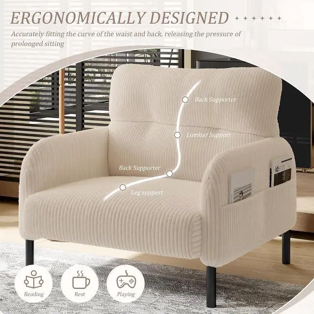 Alt view image 5 of 7 - Comfy Single Sofa Chair with Wide Seat, Corduroy Upholstered Modern Accent Armchair with Side Pockets and Reinforced Legs, Living Room Readubg Chair for Bedroom, Waiting Room, Balcony, Beige