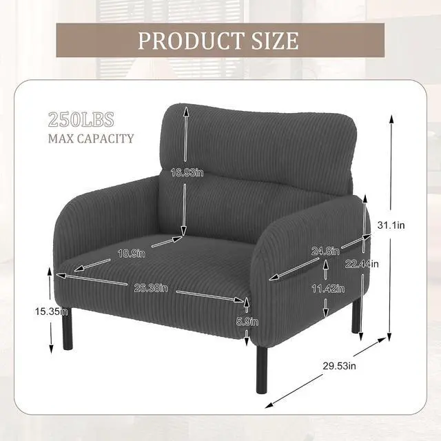 Alt view image 2 of 7 - Comfy Single Sofa Chair with Wide Seat, Corduroy Upholstered Modern Accent Armchair with Side Pockets and Reinforced Legs, Living Room Readubg Chair for Bedroom, Waiting Room, Balcony, Gray