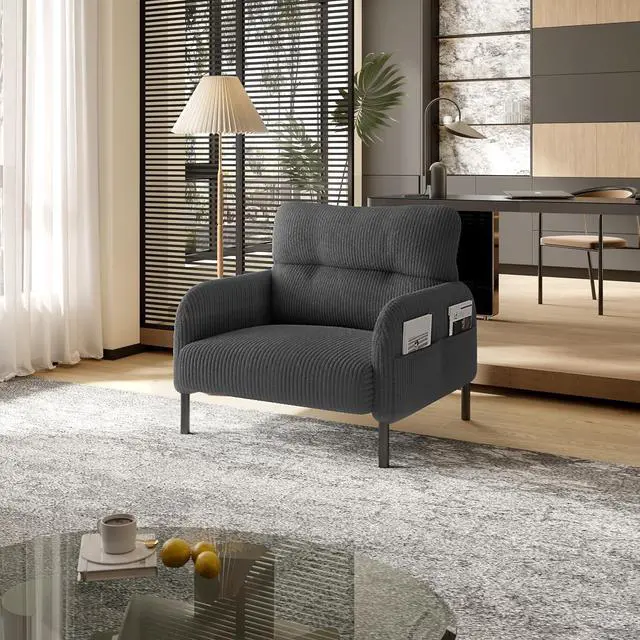 Main image of Comfy Single Sofa Chair with Wide Seat, Corduroy Upholstered Modern Accent Armchair with Side Pockets and Reinforced Legs, Living Room Readubg Chair for Bedroom, Waiting Room, Balcony, Gray
