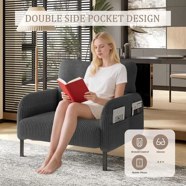 Alt view image 3 of 7 - Comfy Single Sofa Chair with Wide Seat, Corduroy Upholstered Modern Accent Armchair with Side Pockets and Reinforced Legs, Living Room Readubg Chair for Bedroom, Waiting Room, Balcony, Gray