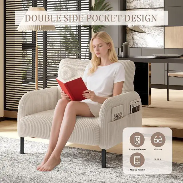 Alt view image 6 of 7 - Comfy Single Sofa Chair with Wide Seat, Corduroy Upholstered Modern Accent Armchair with Side Pockets and Reinforced Legs, Living Room Readubg Chair for Bedroom, Waiting Room, Balcony, Beige