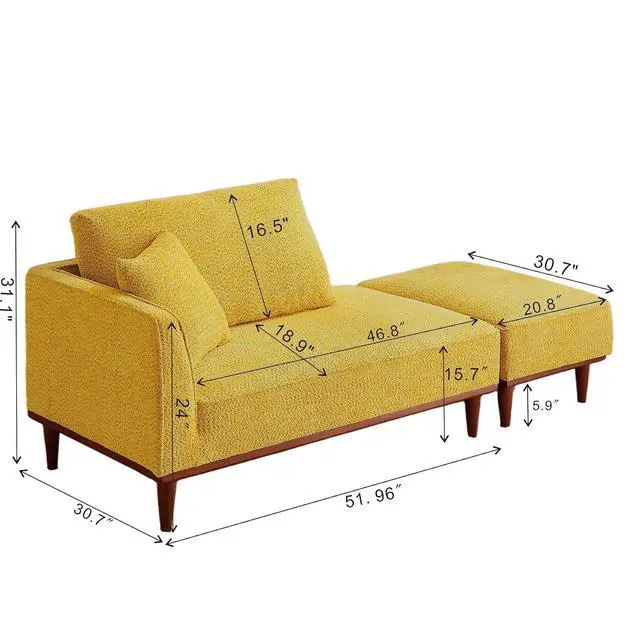 Alt view image 2 of 6 - Upholstered Chaise Lounge with Stool, Sleeper Chair with Left Hand Armrest and Pillow for Living Room Bedroom, Leisure Couch Accent Reading Chair with Ottoman for Living Room, Bedroom, Yellow