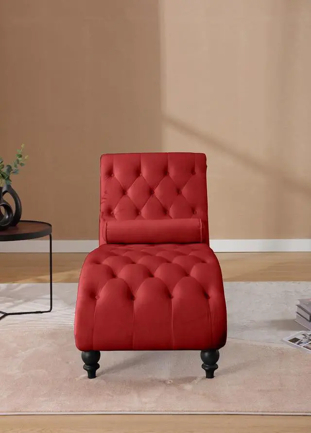 Alt view image 3 of 7 - Velvet Upholstered Chaise Lounge Indoor, Single Sofa Chair with Button Tufting & Silver Nailhead Trim Decor, Vintage Armchair, Reading Chair for Living Room, Study, Bedroom, Red