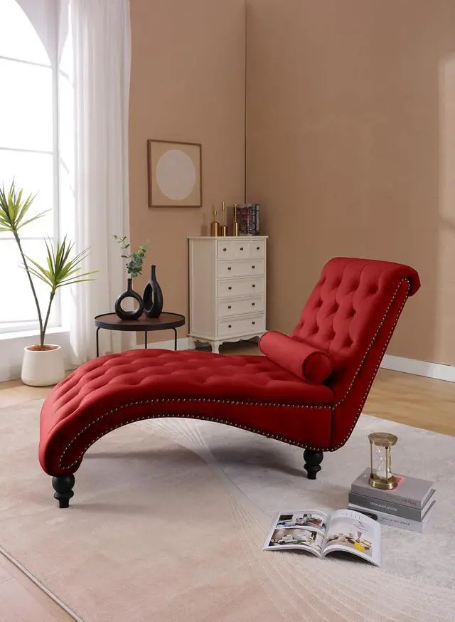 Alt view image 4 of 7 - Velvet Upholstered Chaise Lounge Indoor, Single Sofa Chair with Button Tufting & Silver Nailhead Trim Decor, Vintage Armchair, Reading Chair for Living Room, Study, Bedroom, Red