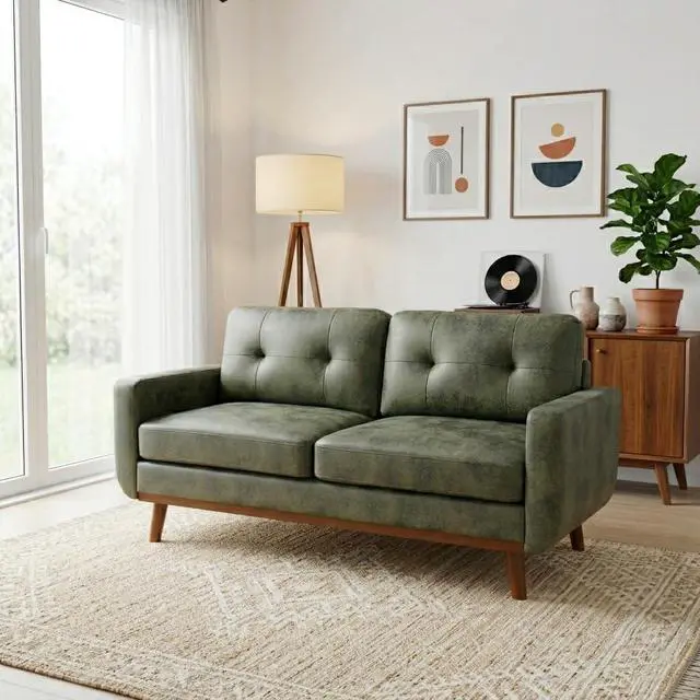 Alt view image 5 of 7 - 65" Loveseat Sofa with Solid Wood Legs, Minimalist 2 Seater Sofa, Breathable Foil Fabric Upholstered Small Couch for Living Room, Apartment, Studio, Office, Olive Green