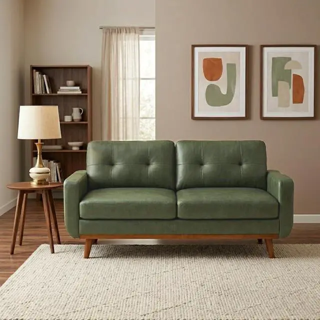 Alt view image 4 of 7 - 65" Loveseat Sofa with Solid Wood Legs, Minimalist 2 Seater Sofa, Breathable Foil Fabric Upholstered Small Couch for Living Room, Apartment, Studio, Office, Olive Green