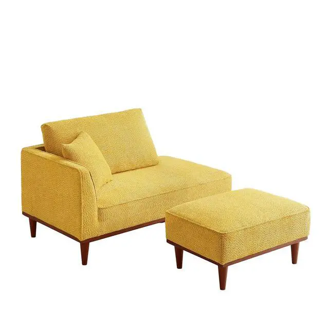 Alt view image 5 of 6 - Upholstered Chaise Lounge with Stool, Sleeper Chair with Left Hand Armrest and Pillow for Living Room Bedroom, Leisure Couch Accent Reading Chair with Ottoman for Living Room, Bedroom, Yellow