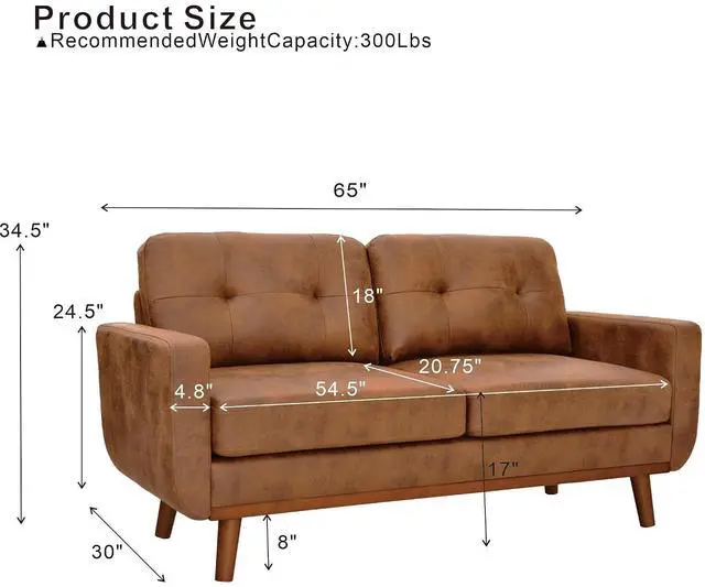 Alt view image 2 of 7 - 65" Loveseat Sofa with Solid Wood Legs, Minimalist 2 Seater Sofa, Breathable Foil Fabric Upholstered Small Couch for Living Room, Apartment, Studio, Office, Light Brown