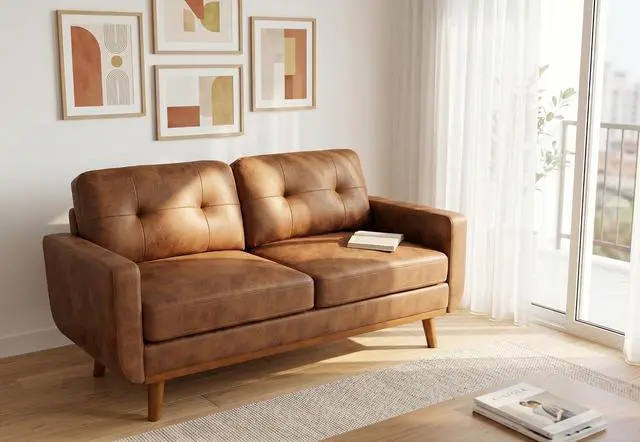 Alt view image 4 of 7 - 65" Loveseat Sofa with Solid Wood Legs, Minimalist 2 Seater Sofa, Breathable Foil Fabric Upholstered Small Couch for Living Room, Apartment, Studio, Office, Light Brown