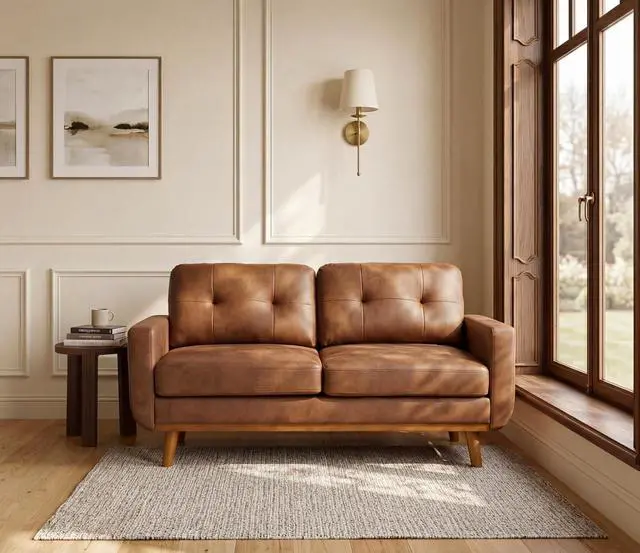 Main image of 65" Loveseat Sofa with Solid Wood Legs, Minimalist 2 Seater Sofa, Breathable Foil Fabric Upholstered Small Couch for Living Room, Apartment, Studio, Office, Light Brown