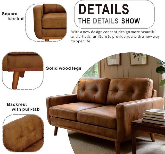 Alt view image 3 of 7 - 65" Loveseat Sofa with Solid Wood Legs, Minimalist 2 Seater Sofa, Breathable Foil Fabric Upholstered Small Couch for Living Room, Apartment, Studio, Office, Light Brown