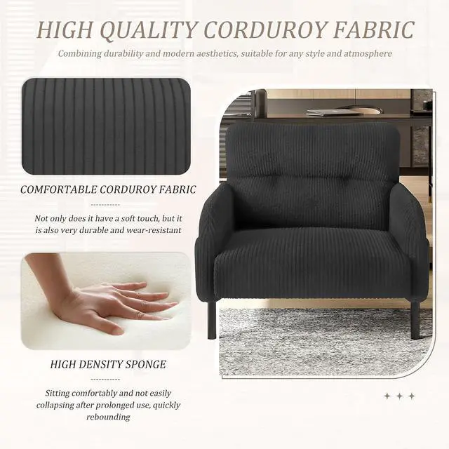 Alt view image 4 of 7 - Comfy Single Sofa Chair with Wide Seat, Corduroy Upholstered Modern Accent Armchair with Side Pockets and Reinforced Legs, Living Room Readubg Chair for Bedroom, Waiting Room, Balcony, Gray