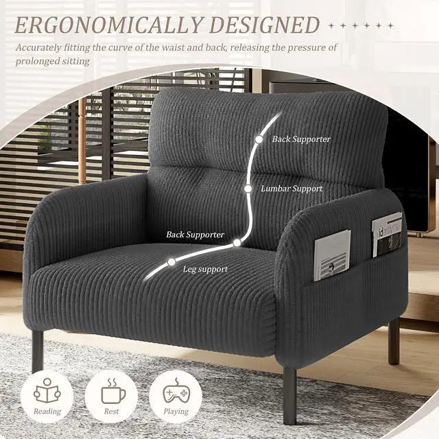 Alt view image 6 of 7 - Comfy Single Sofa Chair with Wide Seat, Corduroy Upholstered Modern Accent Armchair with Side Pockets and Reinforced Legs, Living Room Readubg Chair for Bedroom, Waiting Room, Balcony, Gray