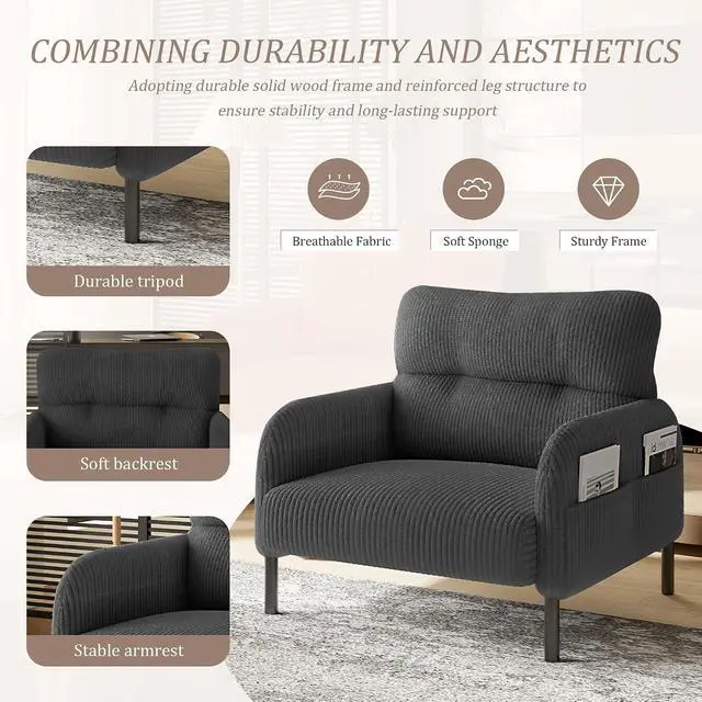 Alt view image 5 of 7 - Comfy Single Sofa Chair with Wide Seat, Corduroy Upholstered Modern Accent Armchair with Side Pockets and Reinforced Legs, Living Room Readubg Chair for Bedroom, Waiting Room, Balcony, Gray