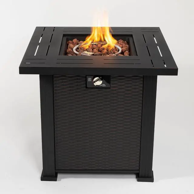 Alt view image 2 of 7 - 28 Inch Square Fire Pit Table, 40000BTU Propane Fire Pit Table with Ignition Systems, Gas Fire Pit, Iron Tabletop with Lid and Lava Rock, Outdoor Firetable for Patio Deck Garden Backyard, Black