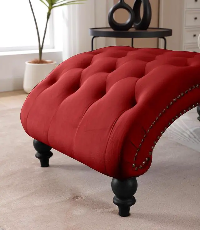 Alt view image 7 of 7 - Velvet Upholstered Chaise Lounge Indoor, Single Sofa Chair with Button Tufting & Silver Nailhead Trim Decor, Vintage Armchair, Reading Chair for Living Room, Study, Bedroom, Red