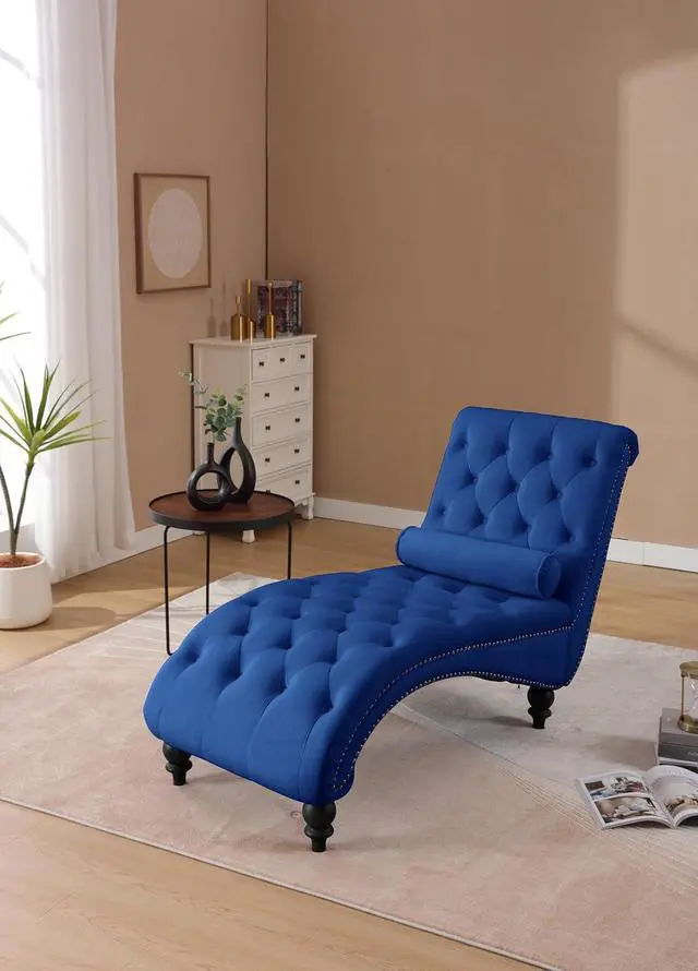 Main image of Velvet Upholstered Chaise Lounge Indoor, Single Sofa Chair with Button Tufting & Silver Nailhead Trim Decor, Vintage Armchair, Reading Chair for Living Room, Study, Bedroom, Navy