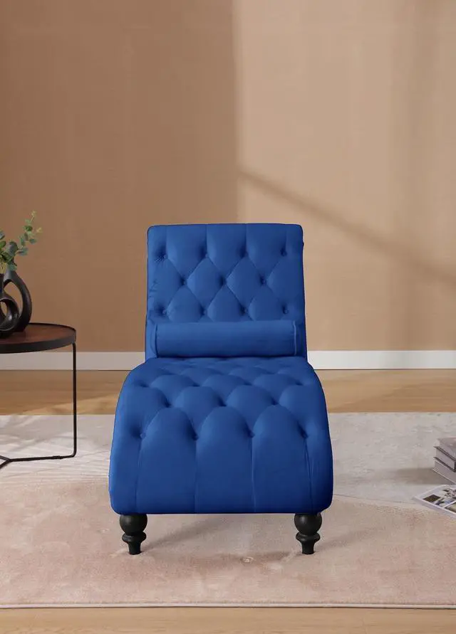 Alt view image 3 of 7 - Velvet Upholstered Chaise Lounge Indoor, Single Sofa Chair with Button Tufting & Silver Nailhead Trim Decor, Vintage Armchair, Reading Chair for Living Room, Study, Bedroom, Navy