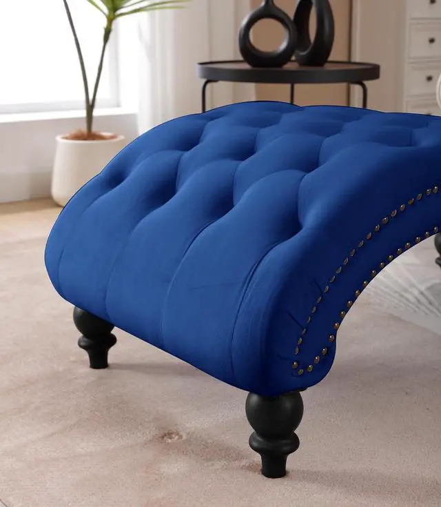 Alt view image 6 of 7 - Velvet Upholstered Chaise Lounge Indoor, Single Sofa Chair with Button Tufting & Silver Nailhead Trim Decor, Vintage Armchair, Reading Chair for Living Room, Study, Bedroom, Navy