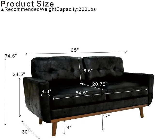 Alt view image 2 of 7 - 65" Loveseat Sofa with Solid Wood Legs, Minimalist 2 Seater Sofa, Breathable Foil Fabric Upholstered Small Couch for Living Room, Apartment, Studio, Office, Black