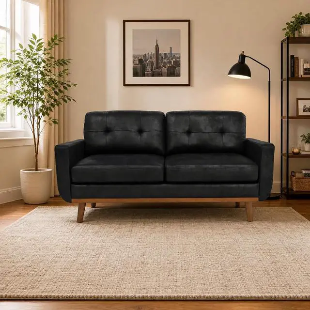 Main image of 65" Loveseat Sofa with Solid Wood Legs, Minimalist 2 Seater Sofa, Breathable Foil Fabric Upholstered Small Couch for Living Room, Apartment, Studio, Office, Black