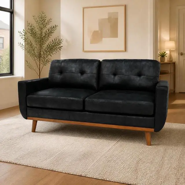 Alt view image 4 of 7 - 65" Loveseat Sofa with Solid Wood Legs, Minimalist 2 Seater Sofa, Breathable Foil Fabric Upholstered Small Couch for Living Room, Apartment, Studio, Office, Black