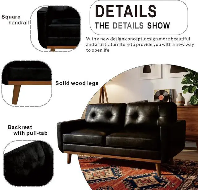 Alt view image 3 of 7 - 65" Loveseat Sofa with Solid Wood Legs, Minimalist 2 Seater Sofa, Breathable Foil Fabric Upholstered Small Couch for Living Room, Apartment, Studio, Office, Black